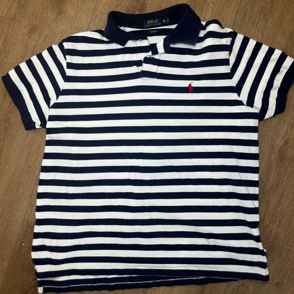Mens Navy White Striped Polo RL Shirt Short Sleeve Cotton Pique Nautical Polo XL